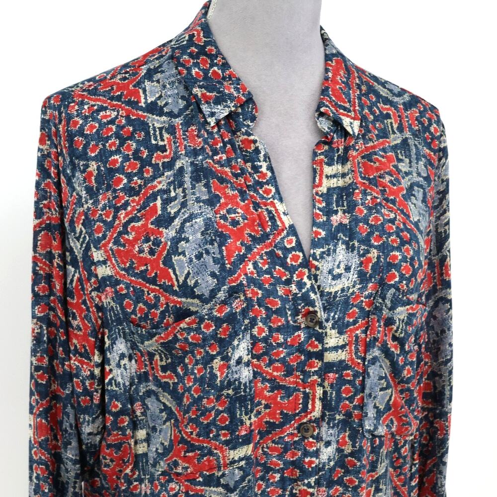 Pilcro Top Womens Medium Red Blue Ikat Lightweight Cotton Blouse Anthropologie - Picture 6 of 16